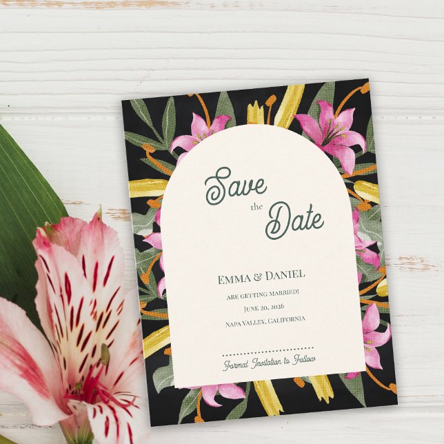 Faire-part arrosé de lys rose blush foncé (Dark Blush Pink Lily Arched Save the Date | Botanical Floral Arch Evening Wedding Announcement)