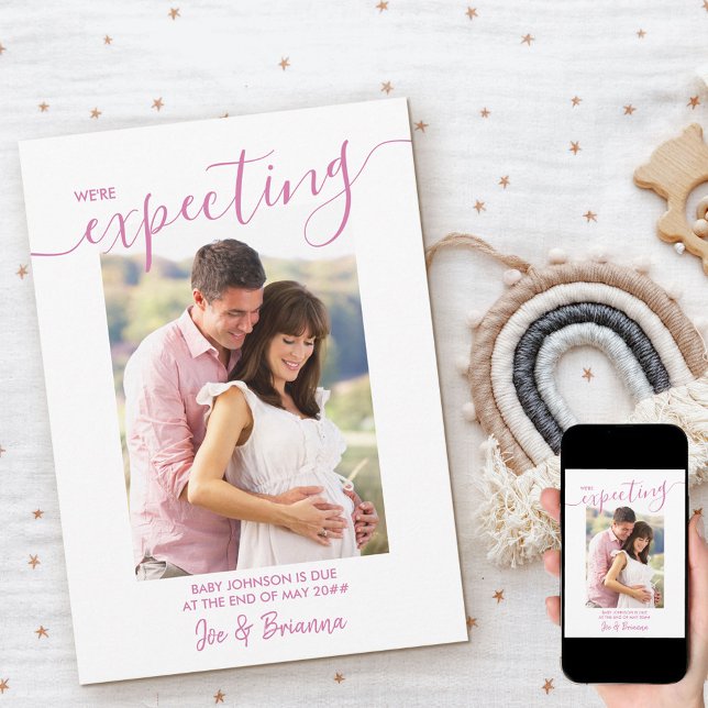 Faire-part Attente Photo Élégant Script Marine Rose Grossesse (Créateur téléchargé)