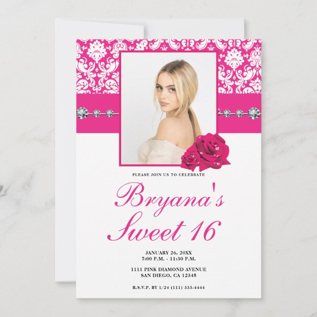 Faire-part avec roses roses chauds et damas diaman (Devant)