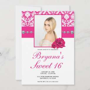 Faire-part avec roses roses chauds et damas diaman