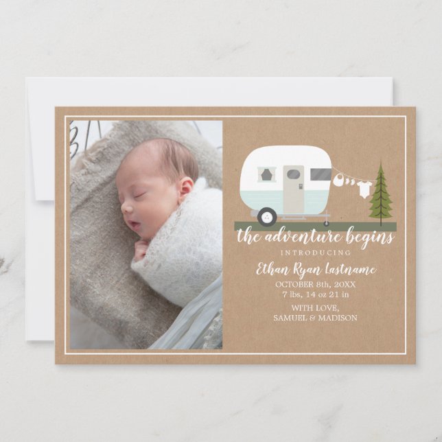 Faire-part Aventure Commence Camper Bleu Bébé Naissance (Devant)