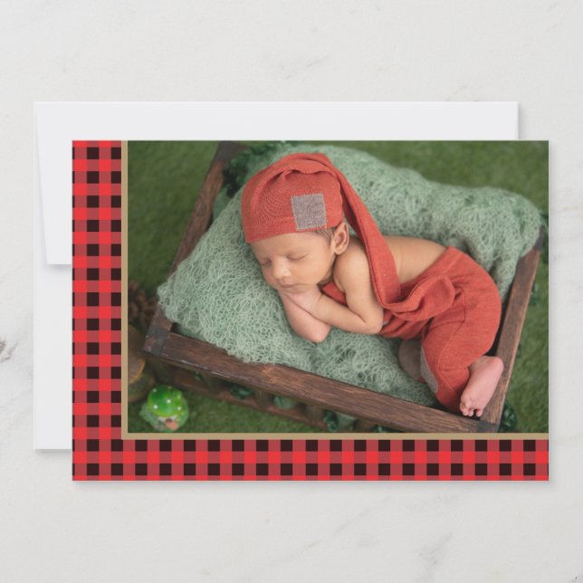 Faire-part Aventure de début de bébé en rouge à carreaux de c (Devant)