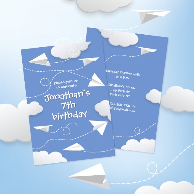 Faire-part avion en papier plié avion enfant anniversaire (front & back views - paper airplanes themed birthday party invite with your custom color background)