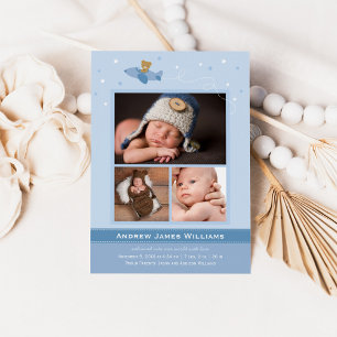 Faire-part Avion Teddy Baby Boy Blue et Slate Photo Birth