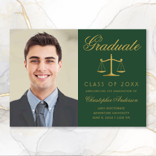 Faire-part Avocat Green Gold Script Photo Graduation