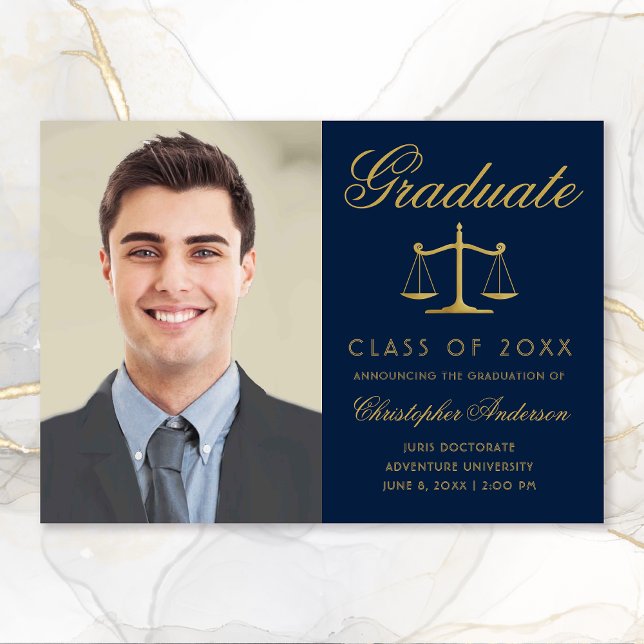 Faire-part Avocat Marine Blue Gold Script Photo Graduation (Navy Blue and Gold Scales of Justice Photo Graduation Announcement for Lawyers)