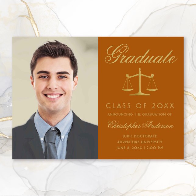 Faire-part Avocat Orange Gold Script Photo Graduation (Orange and Gold Scales of Justice Photo Graduation Announcement for Lawyers)