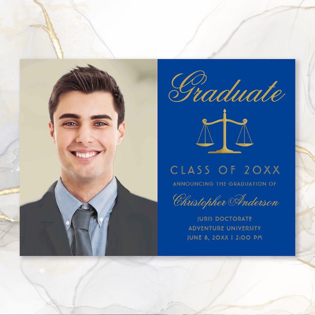 Faire-part Avocat Royal Blue Gold Script Photo Graduation (Royal blue and Gold Scales of Justice Photo Graduation Announcement for Lawyers)