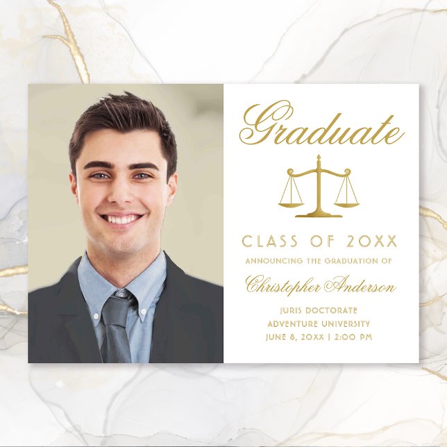 Faire-part Avocat White Gold Script Photo Graduation (White nd Gold Scales of Justice Photo Graduation Announcement for Lawyers)