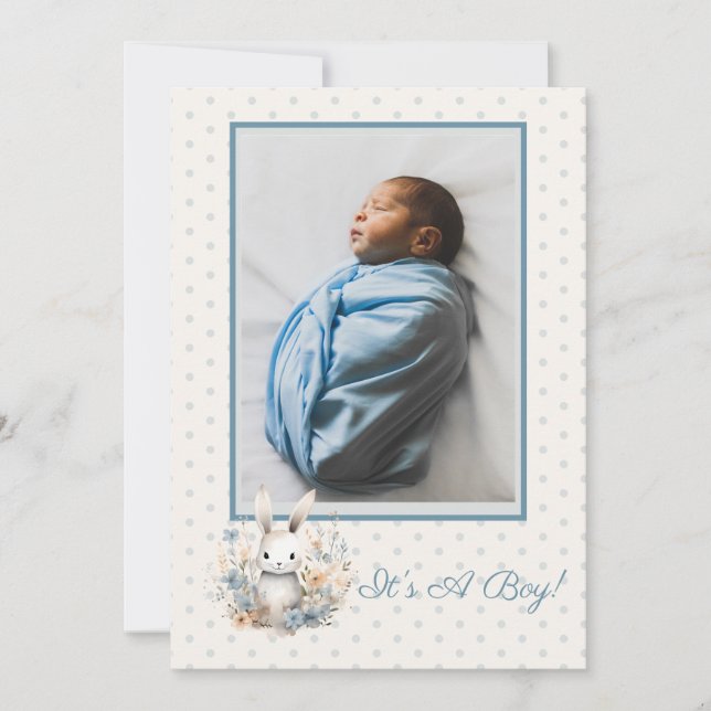 Faire-part Baby Boy Blue Rabbit and Flowers Baby Birth (Devant)