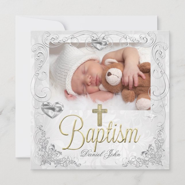 Faire-part Baby Boy Girl Gold Christening Baptism Cross 3 (Devant)