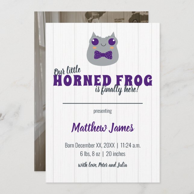 Faire-part Baby Boy Horned Frog Purple Vertical Baby (Devant / Derrière)