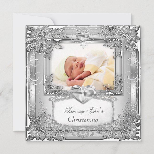 Faire-part Baby Boy or Girl Silver Christening Baptism Cross (Devant)