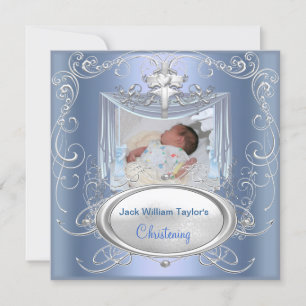 Faire-part Baby Christening Baptême Garçon Croix Bleue Argent
