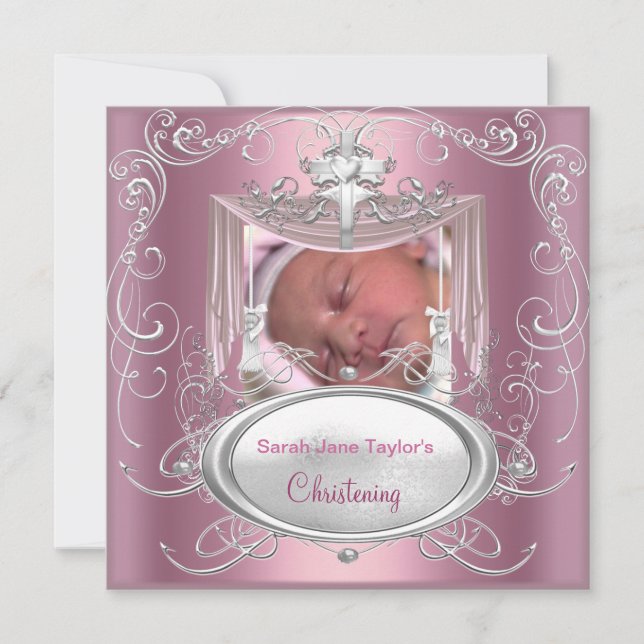 Faire-part Baby Christening Baptême Girl Pink Silver Cross (Devant)