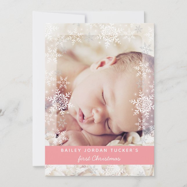 Faire-part Baby First Christmas Snowflakes Pink Photo Naissan (Devant)