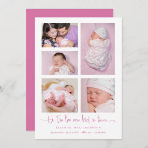 Faire-part Baby Girl 5 Photo Collage Pink Script Naissance