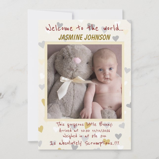 Faire-part Baby Girl avec son lapin Nouveau Arrivée (Devant)