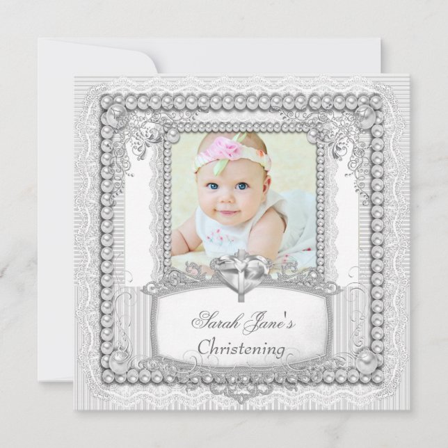 Faire-part Baby Girl Christening Baptême Pearl Lace (Devant)