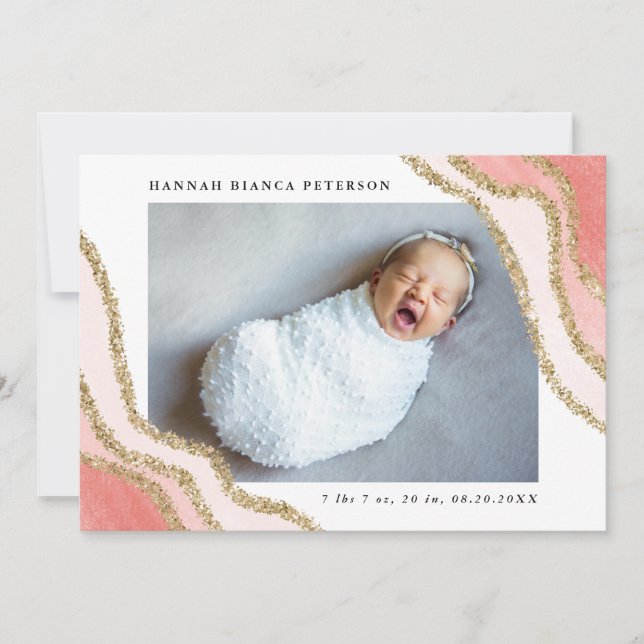 Faire-part Baby Girl Photo Pink Gold Glitter Birth (Devant)