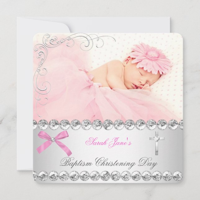 Faire-part Baby Girl Silver rose Christening Baptism Cross (Devant)