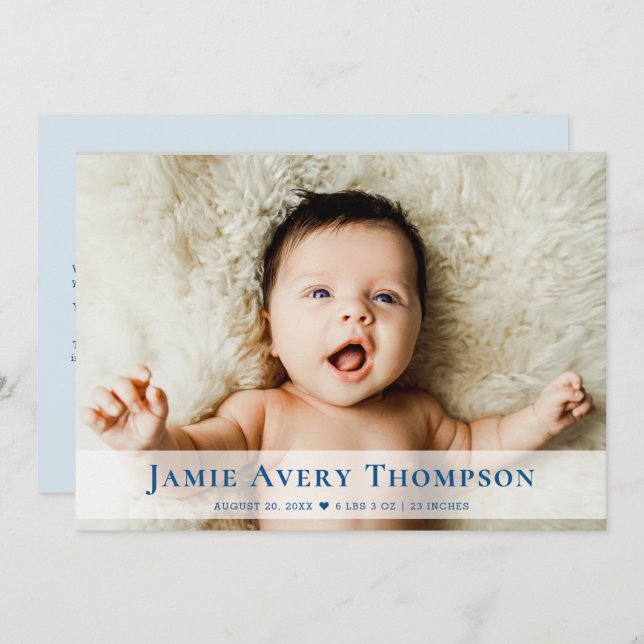 Faire-part Baby Photos Thank you Heart Modern Blue Birth (Devant / Derrière)