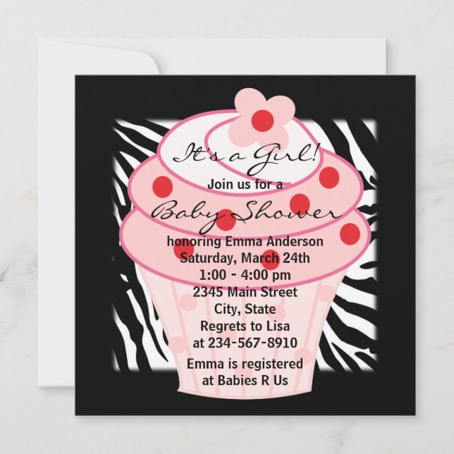 Faire-part Baby Shower Cupcake Rose Zèbre Rose (Devant)