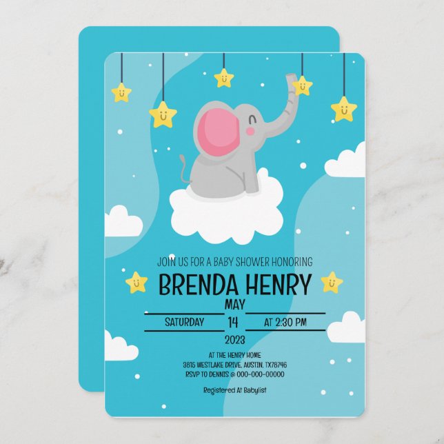 Faire-part Baby shower d'aquarelle Eléphant (Devant / Derrière)