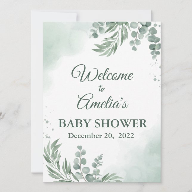 Faire-part Baby shower Floral Vert Sage Affiche de bienvenue  (Devant)