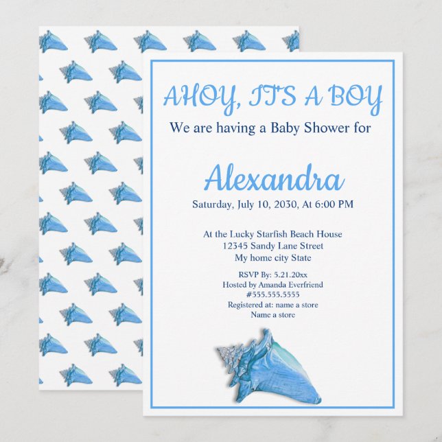 Faire-part Baby shower Nautical Seashell Blue Boy (Devant / Derrière)