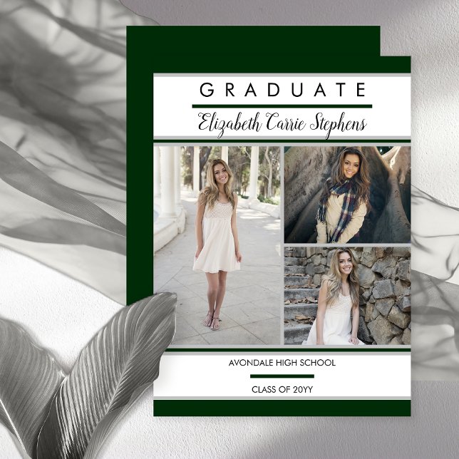Faire-part Baccalauréat simple classe trois photo vert (Simple and Classy Three Photo Green and White Graduation Announcement - Print | Digital Download)