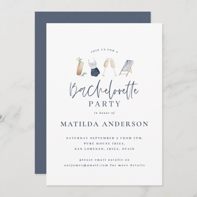 Faire-part Bachelorette de boisson bleu fille moderne design (Devant / Derrière)