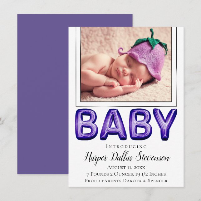 Faire-part Balcon bébé | Baby shower violet royal violet (Devant / Derrière)