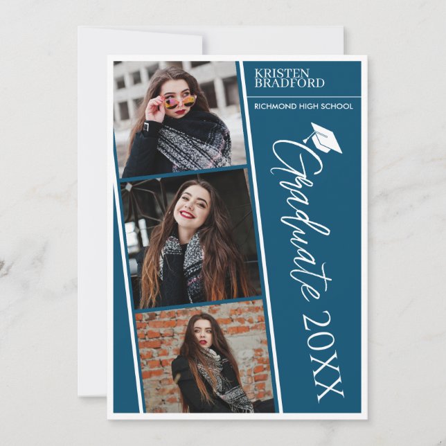 Faire-part Bandes Photo Simple Moderne Bleu Graduation (Devant)