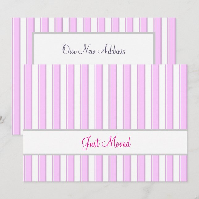 Faire-part Bandes roses et blanches Editable Nouvelle Adresse (Devant / Derrière)