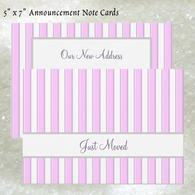 Faire-part Bandes roses et blanches Editable Script Nouvelle  (Pink and white stripes New Address note card)