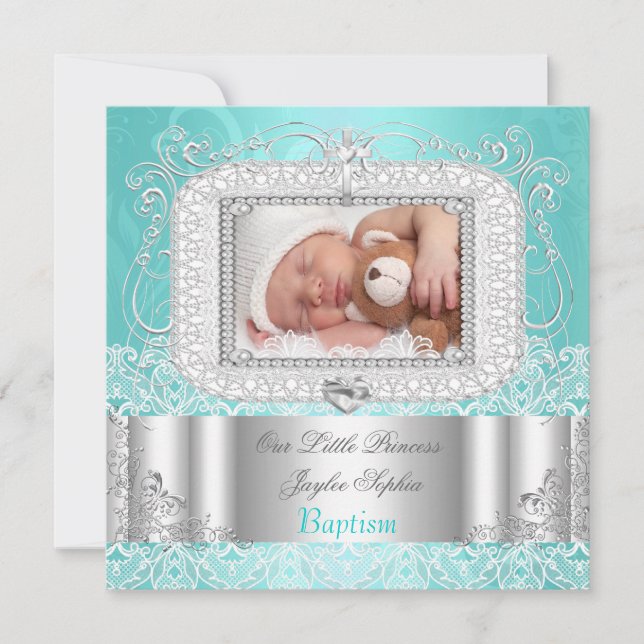 Faire-part Baptême bébé fille ou garçon sarcelle (Devant)