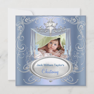 Faire-part Baptême bébé garçon croix bleue argentée
