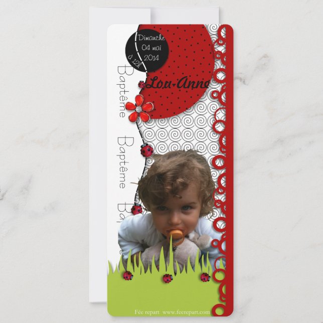 Faire-part baptême coccinelle Lou-Anne avec photo (Devant)