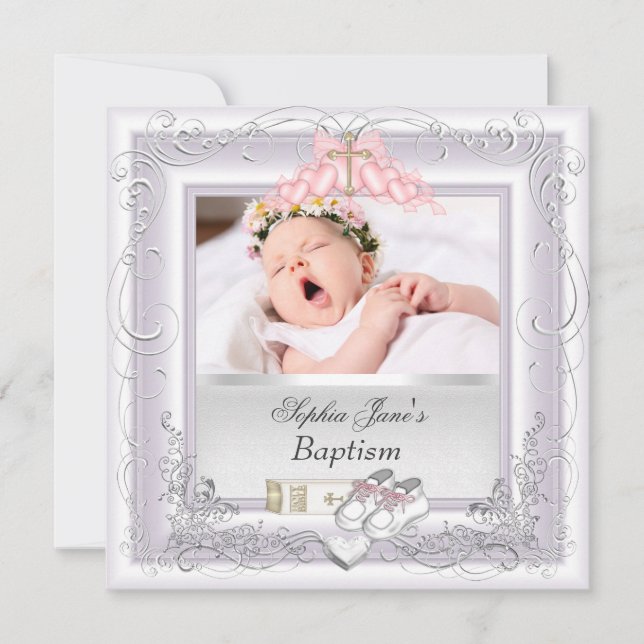 Faire-part Baptême de bébé fille Blanc Rose (Devant)