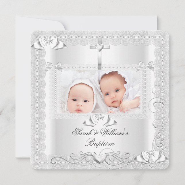 Faire-part Baptême de bébé jumeaux fille garçon dentelle blan (Devant)