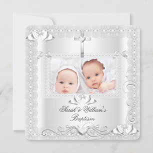Faire-part Baptême de bébé jumeaux fille garçon dentelle blan