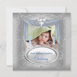 Faire-part Baptême Enfant Christening Garçon Bleu Croix Argen