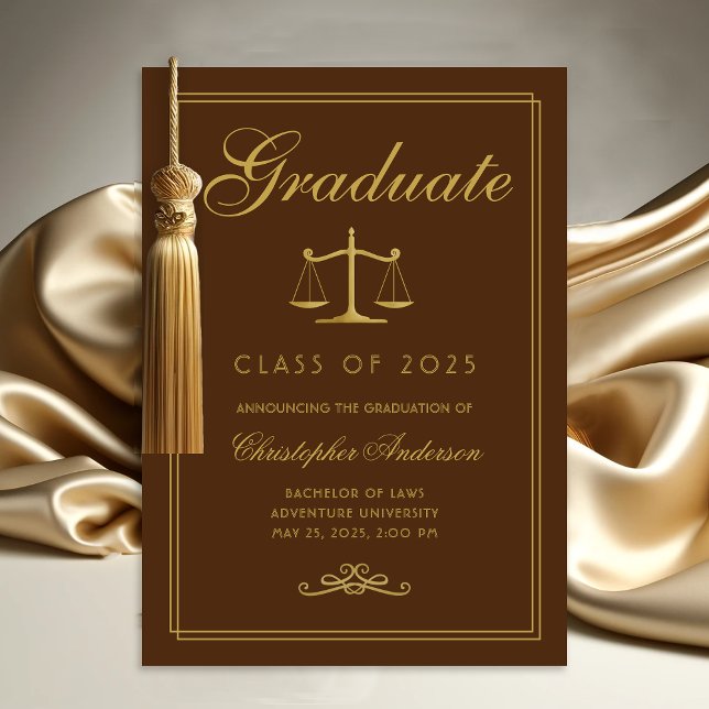 Faire-part Barre Brown de l'or de la justice Diplôme du Collè (brown and gold scales of justice college graduation announcement for lawyers)