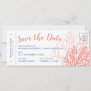Faire-part Beach Wedding Boarding Pass Enregistrer Date Coral