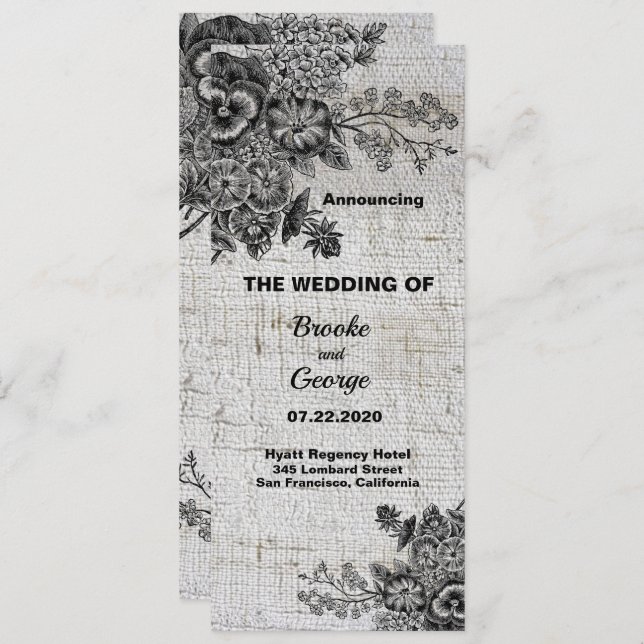Faire-part Beau Mariage Fleurs Noir/Gris (Devant / Derrière)