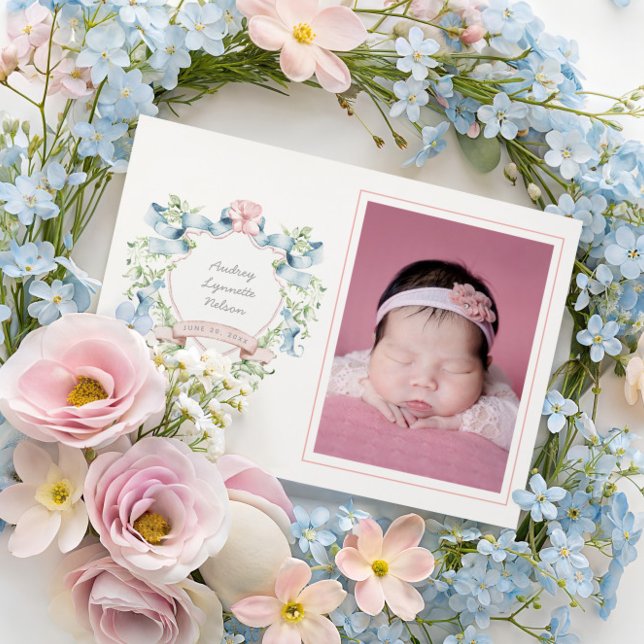 Faire-part Bébé avec ruban grandmillénariste bleu et rose à m (Créateur téléchargé)