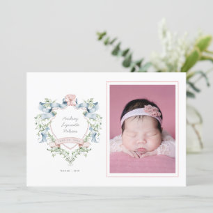 Faire-part Bébé Bleu et rose Grandmillennial Ribbon Crest