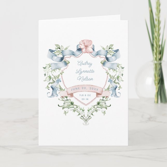 Faire-part Bébé Bleu et rose Grandmillennial Ribbon Crest (Devant)