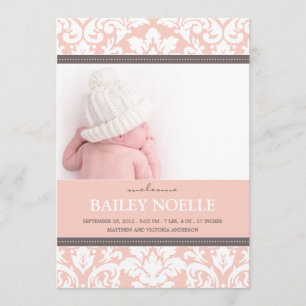 FAIRE-PART BÉBÉ DAMASSÉ ROSE ANNONCE DE NAISSANCE